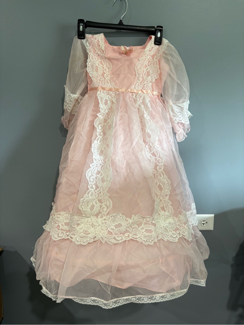 VTG 70s Pink Chiffon Prairie Dress Sheer Lace Hoop Skirt Petticoat Prom Costume
